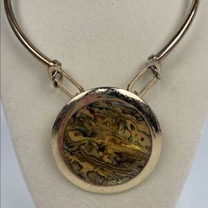 Gold tone Choker Necklace with Artistic round marbled Pendant Statement Necklace